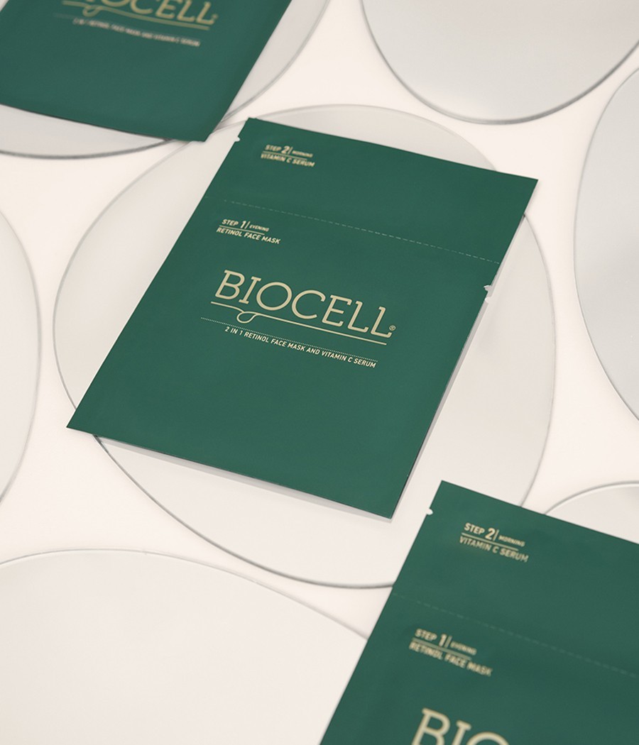 Retinolio veido kaukė ir vitamino C serumas 2in1 BIOCELL, 10 vnt
