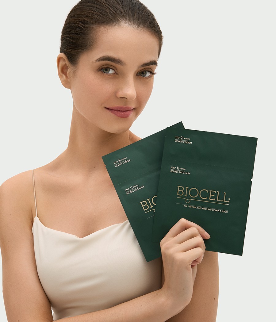 Retinolio veido kaukė ir vitamino C serumas 2in1 BIOCELL, 10 vnt
