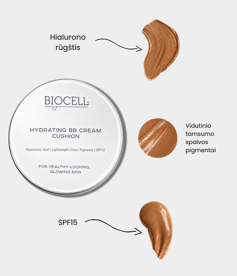 Drėkinantis BB kremas su hialurono rūgštimi ir SPF15 kušonas – BIOCELL Hydrating BB Cream Cushion