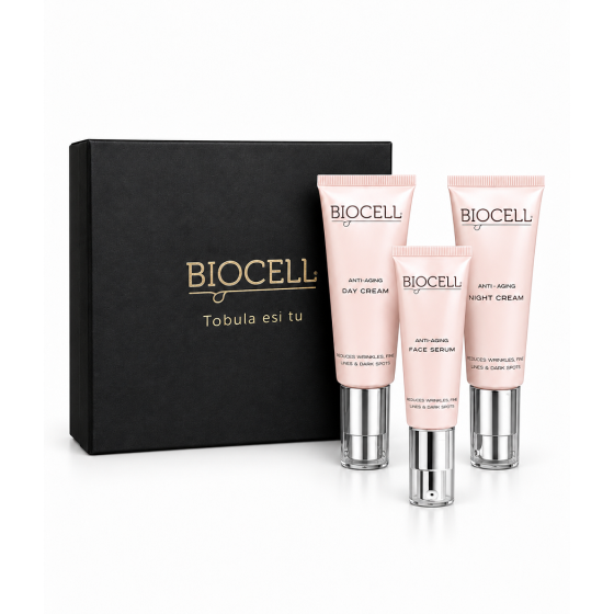 Dovanų rinkinys brandžiai odai: dieninis, naktinis kremas ir veido serumas – BIOCELL Anti-Aging