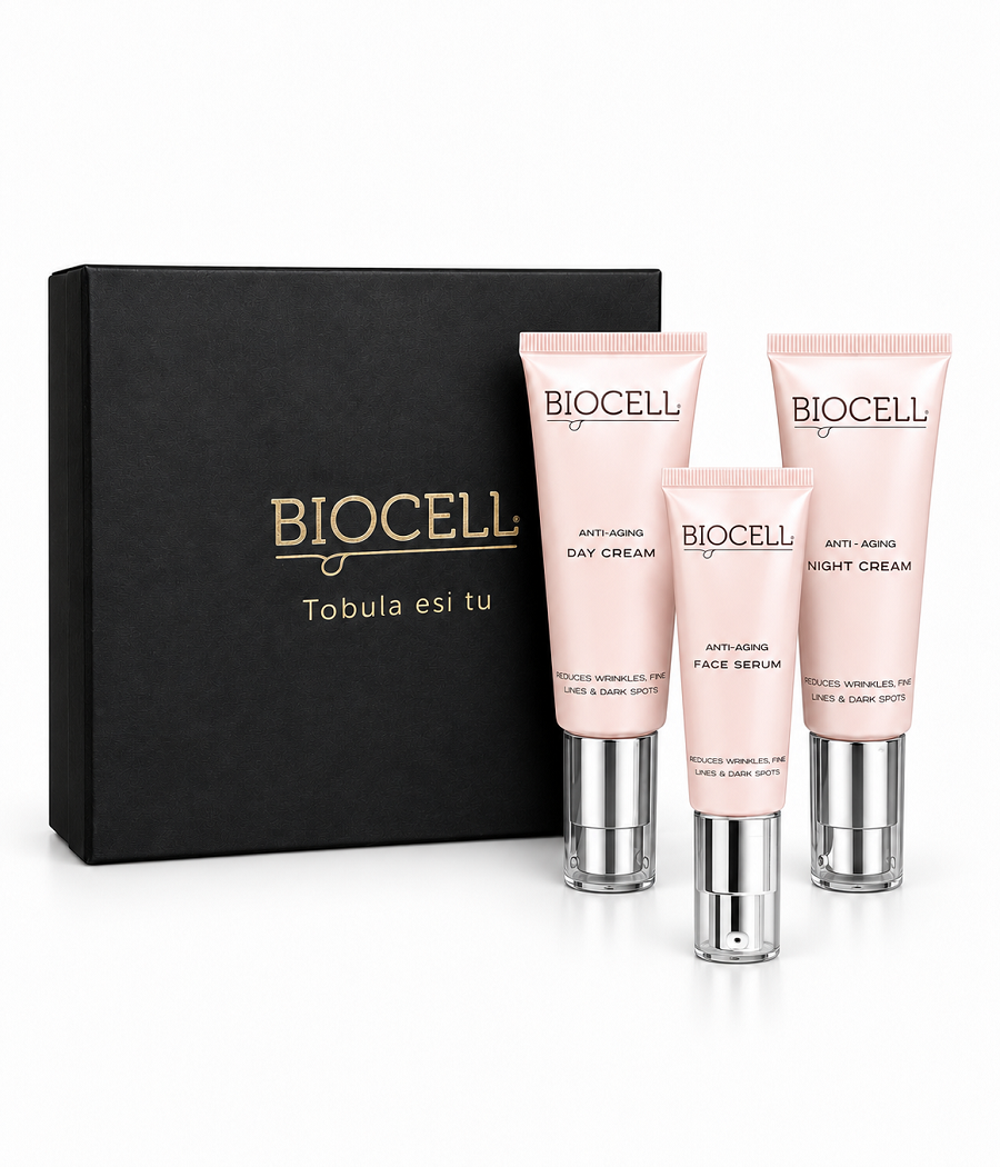 Dovanų rinkinys brandžiai odai: dieninis, naktinis kremas ir veido serumas – BIOCELL Anti-Aging