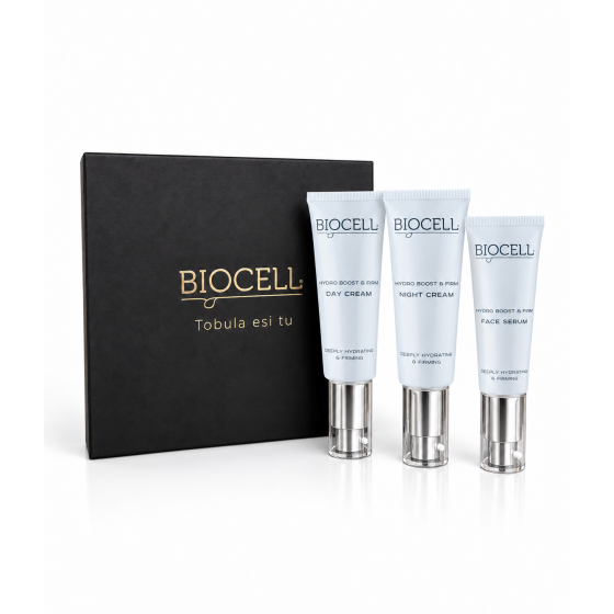 Drėkinamasis ir stangrinamasis veido priežiūros rinkinys: naktinis, dieninis kremas su SPF, serumas – BIOCELL Hydro Boost & Firm