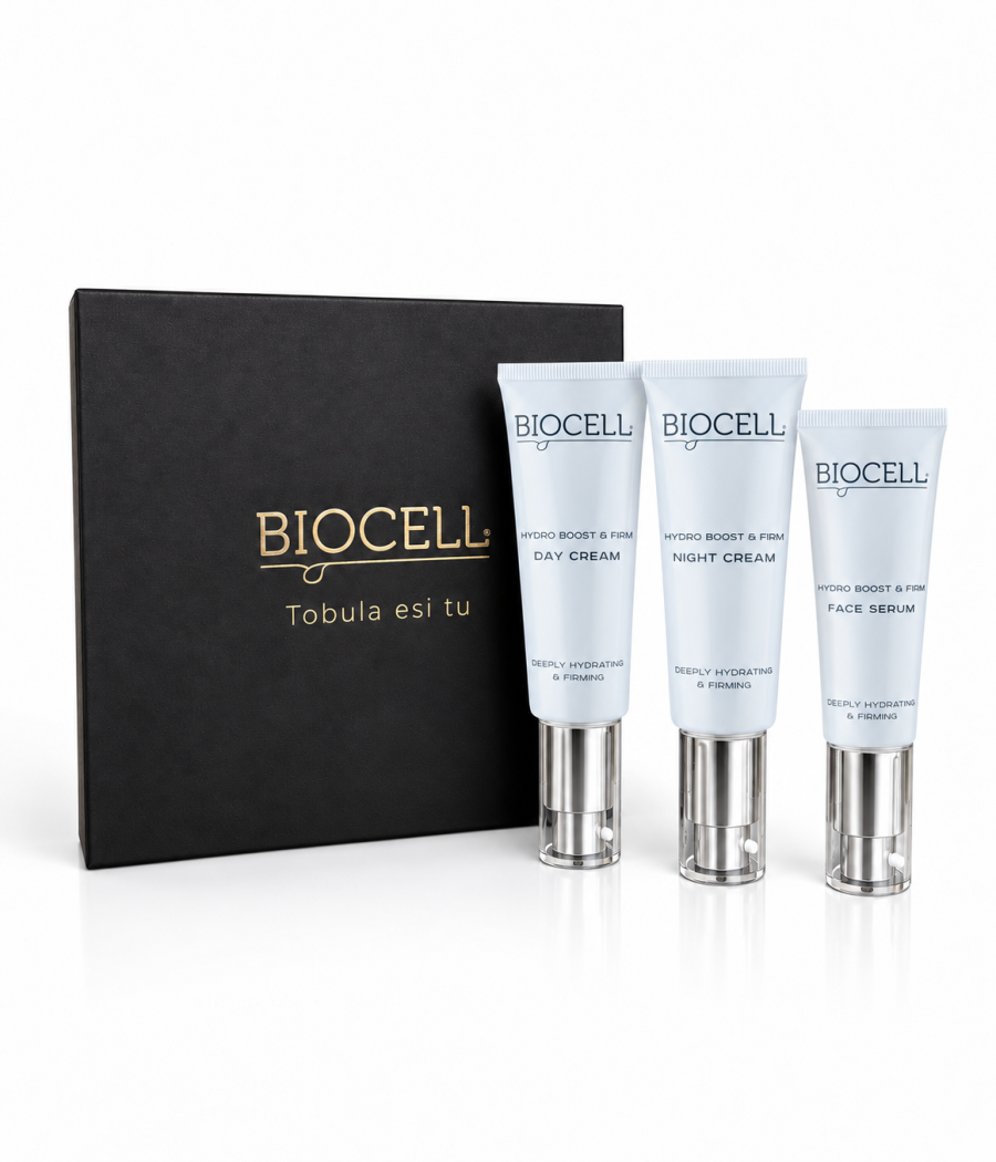 Drėkinamasis ir stangrinamasis veido priežiūros rinkinys: naktinis, dieninis kremas su SPF, serumas – BIOCELL Hydro Boost & Firm