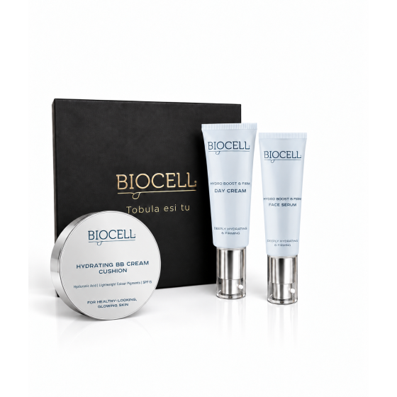 Veido priežiūros rinkinys su BB kremu: dieninis kremas su SPF, veido serumas ir BB kremas – BIOCELL Hydro Boost & Firm