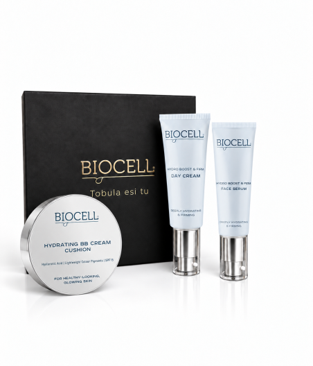 Veido priežiūros rinkinys su BB kremu: dieninis kremas su SPF, veido serumas ir BB kremas – BIOCELL Hydro Boost & Firm