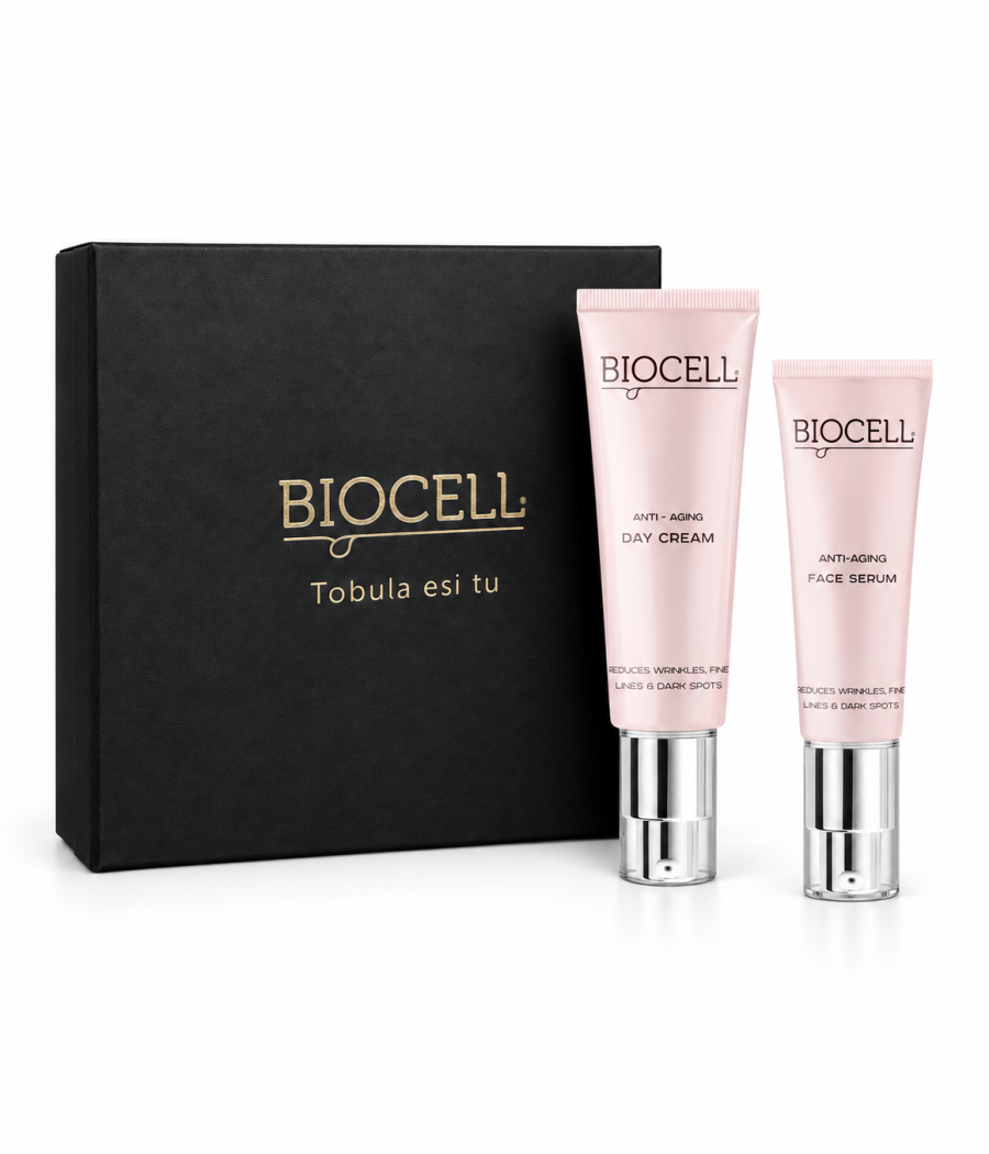 Veido priežiūros rinkinys brandžiai odai: dieninis kremas ir veido serumas – BIOCELL Anti-Aging