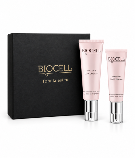 Veido priežiūros rinkinys brandžiai odai: dieninis kremas ir veido serumas – BIOCELL Anti-Aging